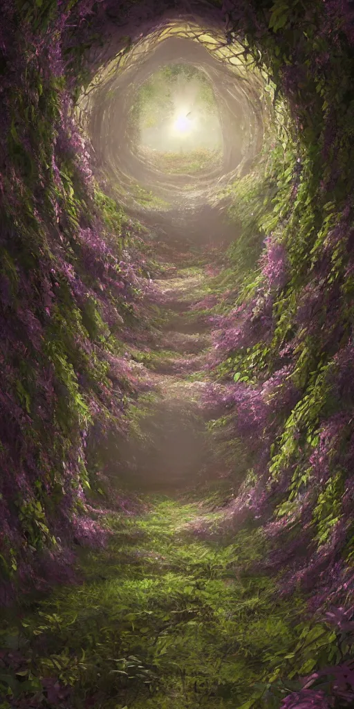 Image similar to a christian cross as the light at the end of the tunnel, with pale purple and pale pink lighting, with a few vines and overgrowth, studio ghibli, cinematic, realistic painting, high definition, digital art, symmetrical, very detailed, extremely high detail, photo realistic, concept art, unreal engine 5,