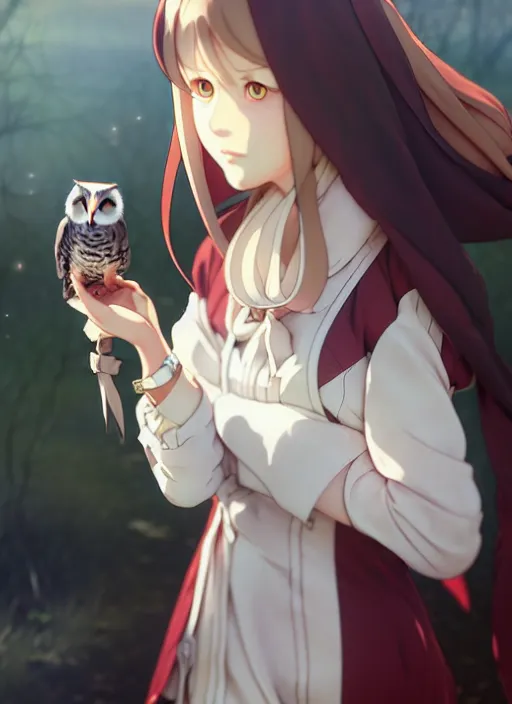 Image similar to florence nightingale with her pet owl in the pocket of her apron gapmoe yandere grimdark, trending on pixiv fanbox, painted by greg rutkowski makoto shinkai takashi takeuchi studio ghibli