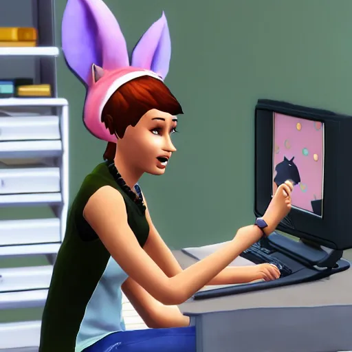 Image similar to cute woman wearing tank top and cat ears plays on computer, sims 4 graphics style