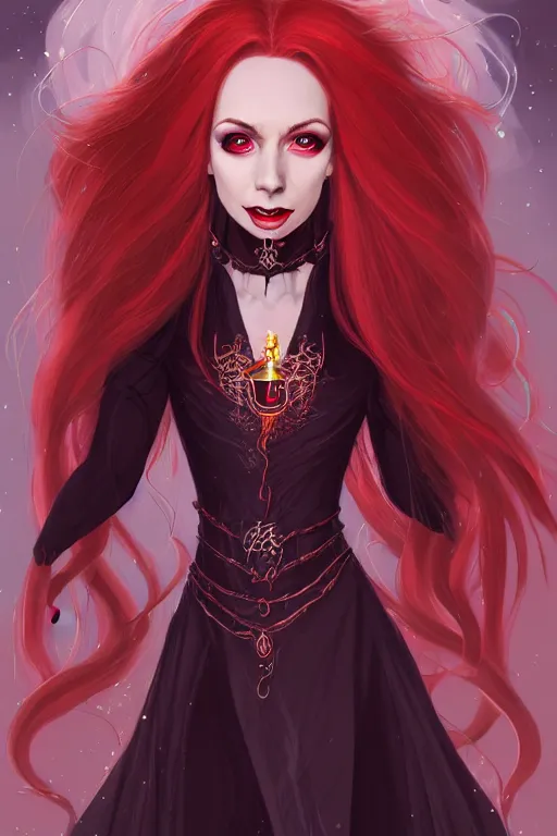 Image similar to a full body portrait of a gorgeous female sorceress, looking at camera, D&D, choker on neck, stylish dress with arcane magic symbols, very long flowing red hair, intricate, elegant, stylish, cute slightly nerdy smile, mouth slightly open, fantasy, extremely detailed, digital painting, artstation, concept art, smooth, sharp focus, illustration, stunning lighting, art by artgerm and greg rutkowski and alphonse mucha and simon stalenhag