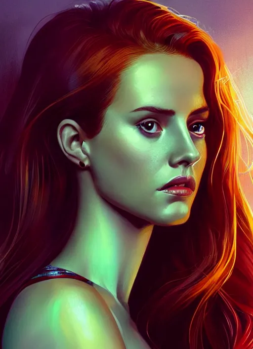 Image similar to full body portrait of teenage cheryl blossom, bangs, green eyes, mischievous expression, red hair, sultry smirk, bangs and wavy hair, intricate, elegant, glowing lights, highly detailed, digital painting, artstation, concept art, smooth, sharp focus, illustration, art by wlop, mars ravelo and greg rutkowski