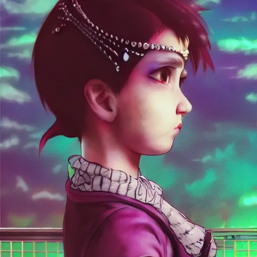 Prompt: punk little girl, profile picture, vintage fashion, highly detailed, reflection, 8 k, realistic artwork, hd, inspired by jojo bizarre adventure, 9 0 s anime art style