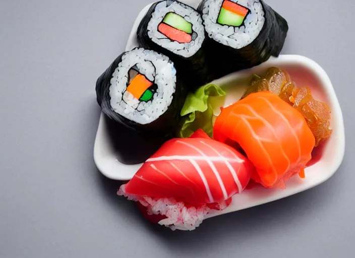 Image similar to dslr food photograph of sushi made of candy, 8 5 mm f 1. 8