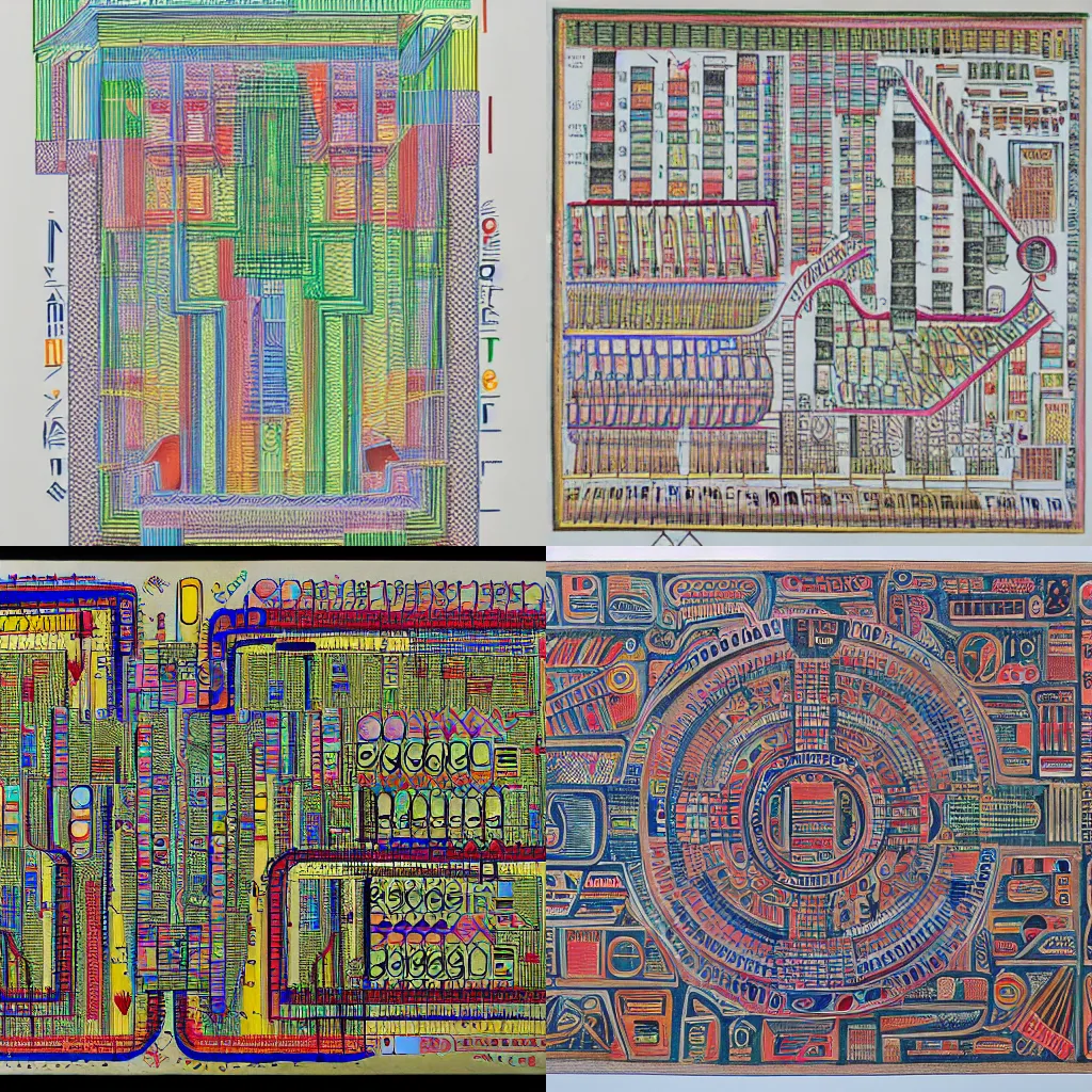 Prompt: Hatching, flexible character code, acoustic information, hieroglyphs, repetition, complex system of order, building plans, scores, circuits, cartography, medium: colored pencil