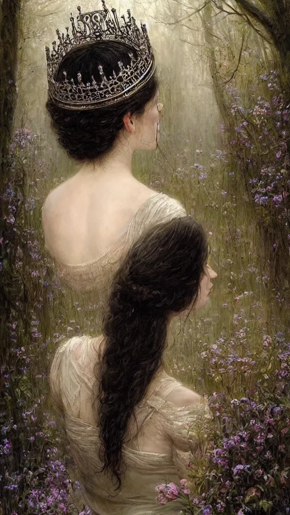 Image similar to secret view from behind wide mirror of a beautiful black haired woman with pale skin and a crown on her head sitted on an intricate metal throne, very deep stillness atmosphere, silence, dimension of still moment, spiritual feeling, digital art, by daniel ridgway knight