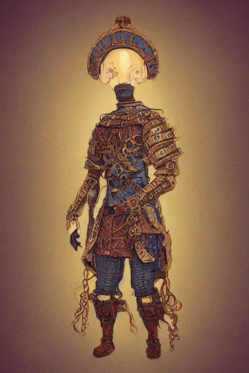 Prompt: beautiful calm bright ai generated fullbody character illustration of a medieval timetraveller highpriest in ornated wooden armor and decorated sacred outfit and heavily equipped with steampunk cyberwares. rendered by machine.delusions. inspired by: @machine.delusions on instagram. Slightly reminds to ghibli studios