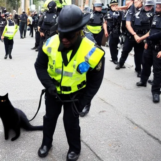 Image similar to A black cat being arrested by the police, with handcuffs being put on his paws