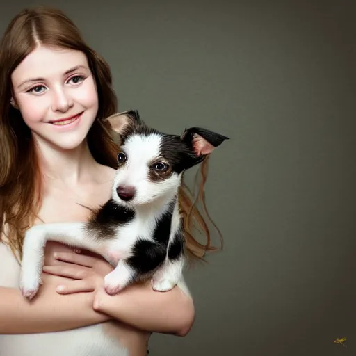 Prompt: young brunette with long hair holds a little jack russell terrier on her hands, digital painting, very very detailed, intricate, smooth