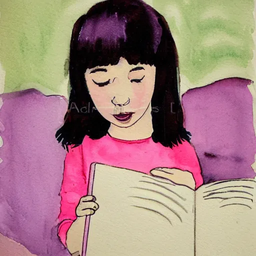 Image similar to a dark haired young girl in a pink dress, shocked expression, hand over mouth, 1990s bedroom, children's book illustration, watercolor, line drawing