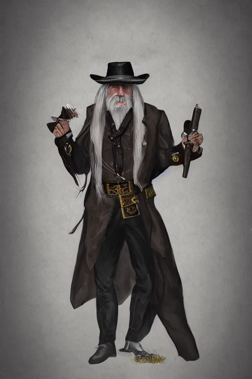 Image similar to older man with sharp cheeks long white hair and beard, wearing black wide brimmed plantation hat and duster coat, and wearing a belt with two revolvers, and bandolier with multiple sheriff badges pinned, high quality DnD illustration, trending on ArtStation, all rights reserved Wizards of the Coast.