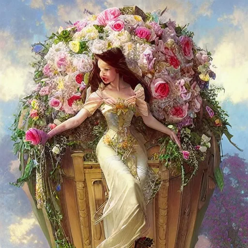 Image similar to an elaborate coffin with a mysterious sleeping beauty holding a large bouquet of flowing flowers, hands hidden under the bouquet, side view, fantasy, regal, intricate, by stanley artgerm lau, greg rutkowski, thomas kindkade, alphonse mucha, loish, norman rockwell