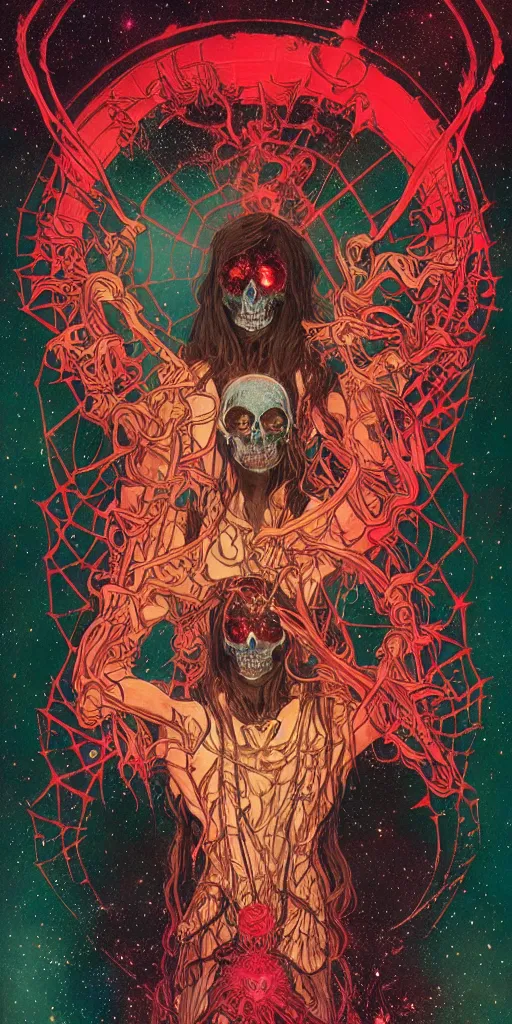 Image similar to intense glowing black metal pagan god with spider eyes and spider legs with a skull in very dark cosmic nebula by josan gonzales and moebius and alphonse mucha, portrait, light beams, lens flare, studio muti, malika favre, rhads, makoto, black and red and teal