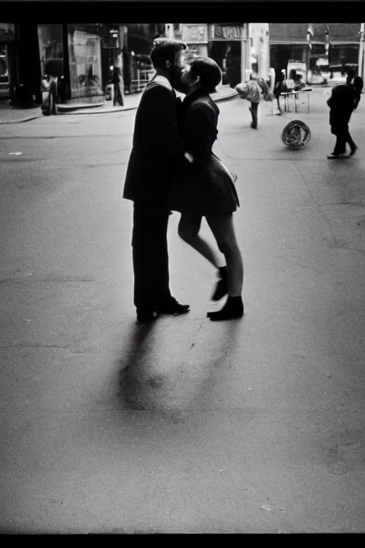 Image similar to street photo, couple of man and woman kiss on the background of the war, film photography, exposed b & w photography, christopher morris photography, bruce davidson photography, peter marlow photography