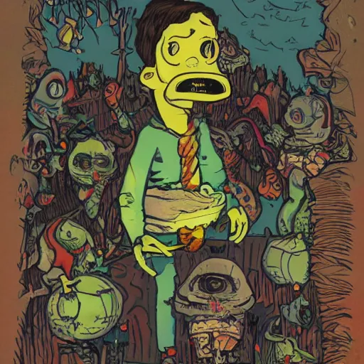 Image similar to spooky boy lit by campfire, illustration in the style of Jamie Hewlett, bold colors