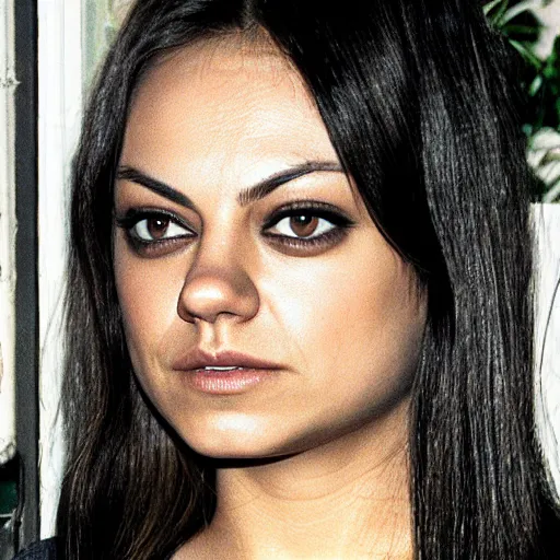 Prompt: Mila Kunis looks to her right at a door leaking black ink onto the floor by Junji Ito