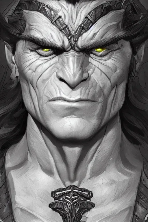 Prompt: up close portrait of a handsome half - orc, d & d, face, fantasy, intricate, elegant, highly detailed, digital painting, artstation, concept art, smooth, sharp focus, illustration, art by artgerm and greg rutkowski and alphonse mucha