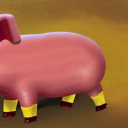 Image similar to a pig made of sausages wallowing in ketchup and mustard