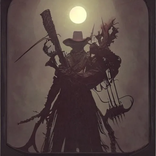 Prompt: an ultra detailed vector image of the hunter from bloodborne fighting a big daddy, concept art by alphonse mucha and greg rutkowski, scary shadows, blood moon eclipse, polaroid octane render, laminal space