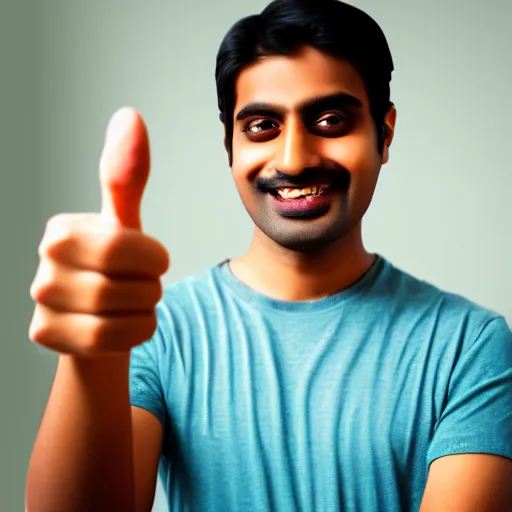 Image similar to a photo taken with an android camera of an indian guy with an awkward smile giving a thumbs up