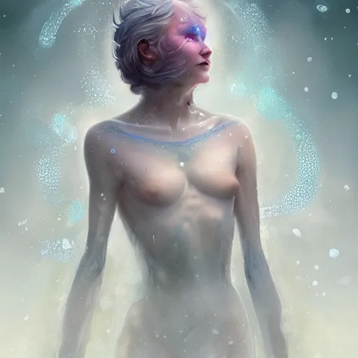 Image similar to a hyperrealistic illustration of a human in the Arctic, snow on the body, blue transparent ice with fractal sunlight, award-winning, masterpiece, in the style of Tom Bagshaw, Cedric Peyravernay, Peter Mohrbacher
