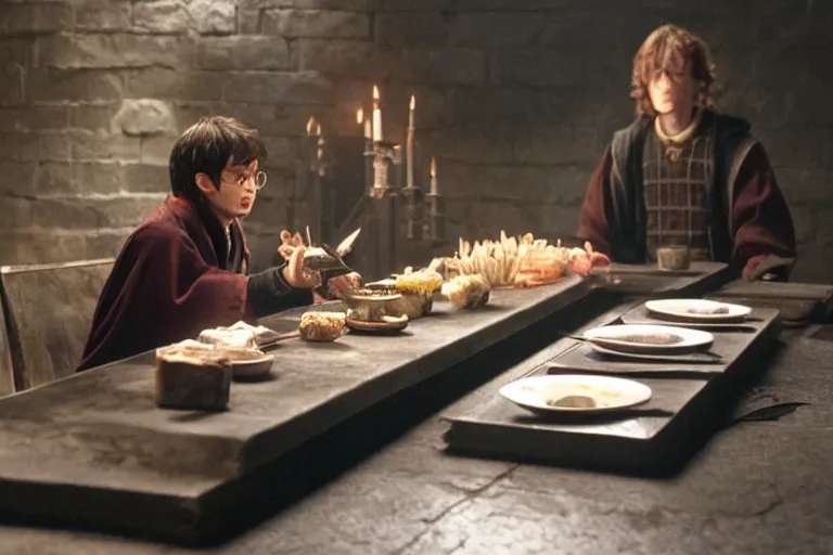 Image similar to Harry potter film, a scene where Harry Potter eating in a Concrete wall basement, Sushi is placed on a small aluminum table placed in the center, Dark cinematic color tones.