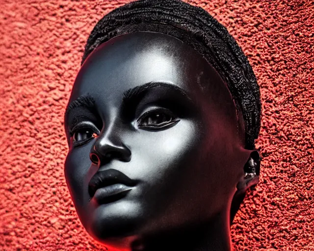 Image similar to close up portrait of extremely beautiful female black marble statue in the style of virgil abloh, colorful motocross logos behind her, sharp focus, clear, detailed,, cinematic, detailed, off white, glamourous, symmetrical, vogue, editorial, fashion, magazine shoot, glossy