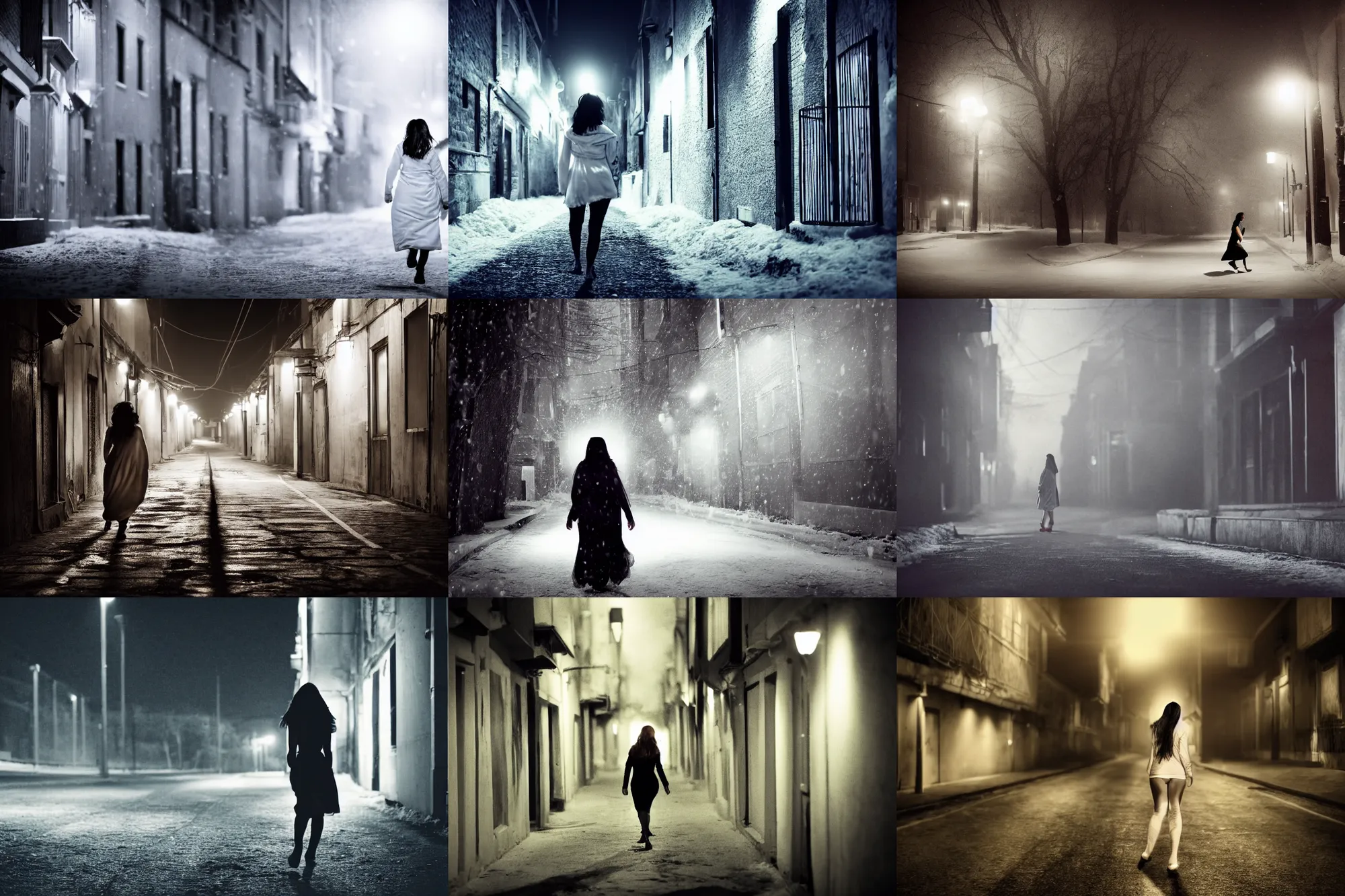 Prompt: woman 3 6 years old in one white bedsheet runs along a dark street in winter, cinematic, dark background, post - processing