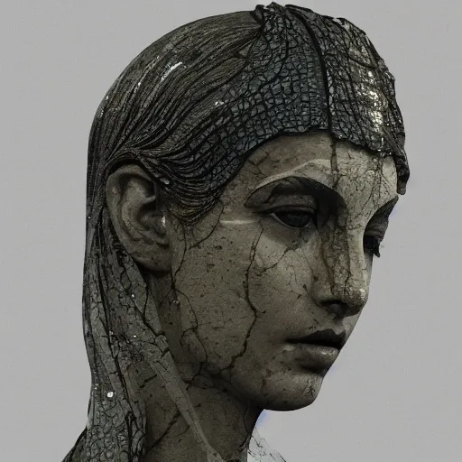 Image similar to a masterpiece marble sculpture of the veiled cleopatra, subsurface cracks, !dramatic !face, !female, covered in intricate !detailed golden !!streaked veil , physically based rendering, ultra photo realistic, cinematic lighting , dark background by Dan Hillier