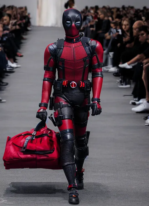 Prompt: hyperrealistic and heavy detailed balenciaga runway show of deadpool, leica sl 2 5 0 mm, vivid color, high quality, high textured, real life