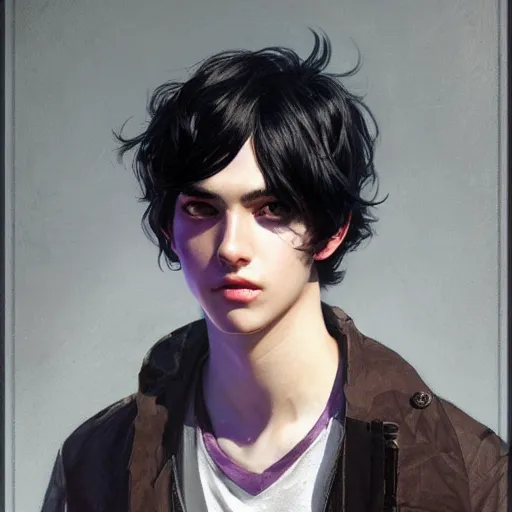 Prompt: teen boy, black hair, purple eyes, highly detailed, artstation, georgeus, elegant, portrait, by artgerm and greg rutkowski and alphonse mucha