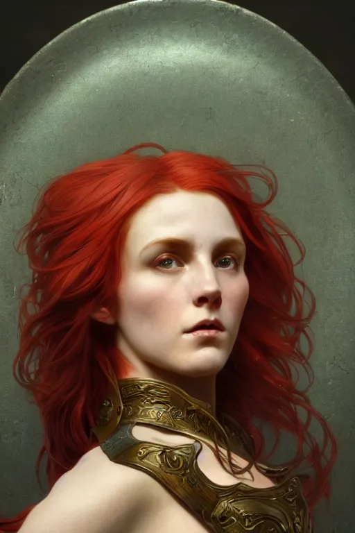 Prompt: face matte portrait of a red haired valkyry in a heroic pose and wearing thick bronze plate armo art by albert bierstadt, alphonse mucha, andreas rocha, greg rutkowski, sharp edges. ultra clear detailed. 8 k. elegant. octane render