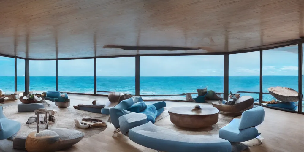 Prompt: a modern hi tech living room in a ocean hues style next to a big terrace overlooking the ocean, a luxurious wooden coffee table with large seashells on top in the center, inspired by the ocean, calm, relaxed style, harmony, wide angle shot, 8 k resolution, ultra detailed