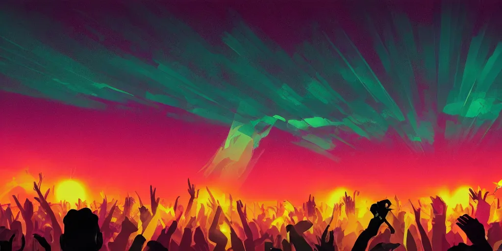 Image similar to rapping into microphone, silhouette, huge crowd, outrun, hip hop, digital art, Aurora borealis, trending on Artstation, professional artist, detailed, 4k