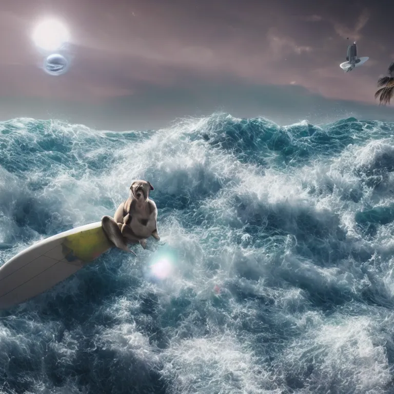 Image similar to photo of a dark gray white coat pit bull with a white paws, surfing on a surfboard in a crashing wave of alien ocean in space, background is an alien galaxy, aliens in the background, alien colors, octane render, unreal engine, wide view, 8 k, high detaild