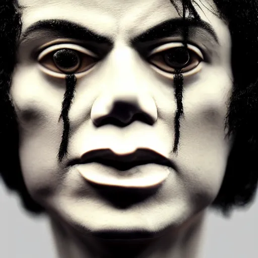 Prompt: a porcelain sculpture of michael jackson's face in the style of thomas schutte, lucid dream series, cinematic, hyper - realistic, very detailed, ray tracing, 8 k resolution, long - shot, sharp focus, low angle, 8 5 mm photograph, wide lens