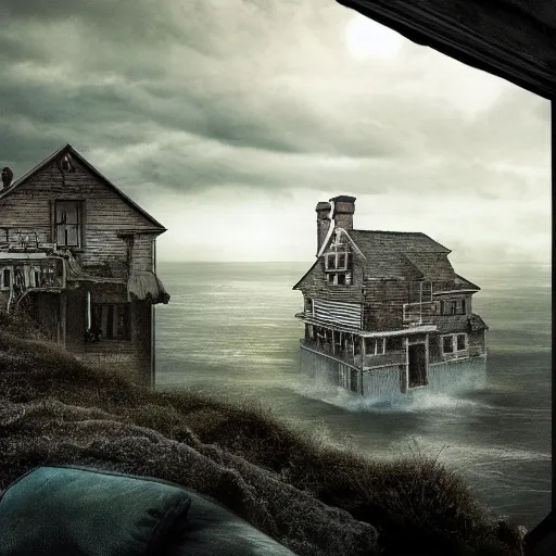 Image similar to house at the edge of the world, hyperdetailed, photorealistic, moody, surreal, creepy, atmospheric, old, run down