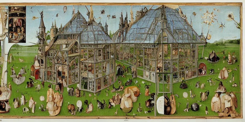 Prompt: greenhouse, side view, cutaway, intricate map diagram, section, insanely detailed, victorian style, hieronymus bosch, 8 k