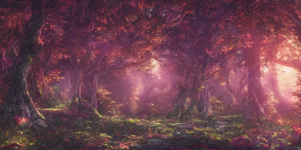 Image similar to the aesthetic view of the beautiful, grand, wistful, dreamy hidden forest at dusk, hyperrealistic anime illustration by iralki nadar, colorful, extremely detailed, intricate linework, super sharp focus, bright colors, octopath traveler, studio ghibli, unreal engine 5 highly rendered, global illumination, radiant light, detailed and intricate environment