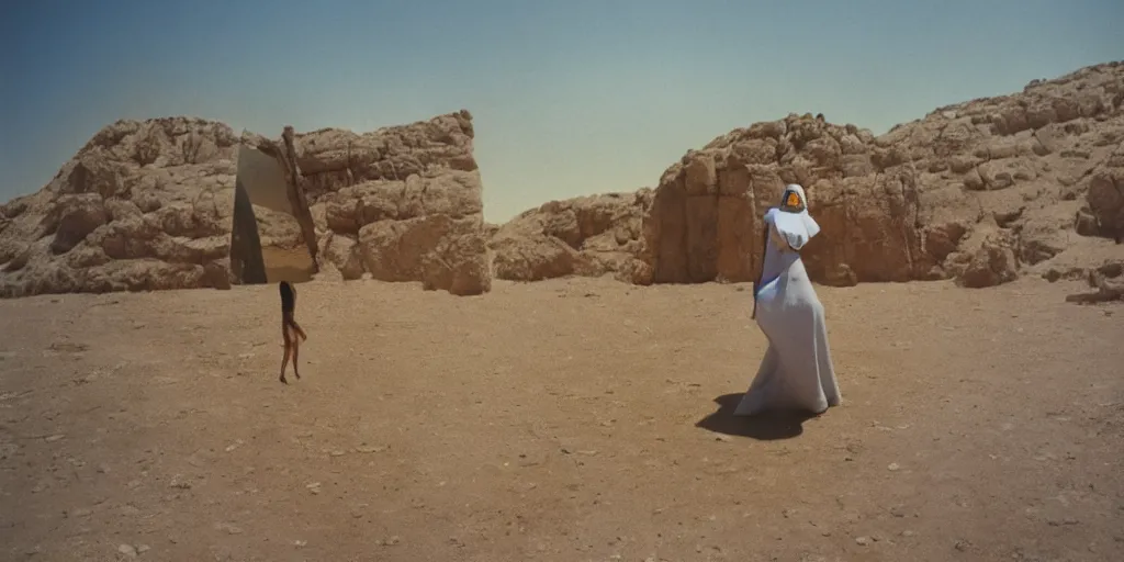 Prompt: levitating woman with full - face golden mask in a dry rocky desert landscape, visible sky and sunny atmosphere, fata morgana and giant square mirrors by alejandro jodorowsky, anamorphic lens, kodakchrome, practical effects, masterpiece, 8 k