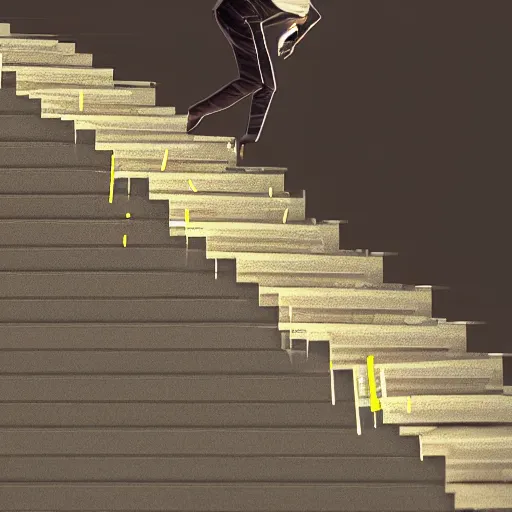 Prompt: Man falling down stairs with hundreds of coins shooting out of him, low poly, 3d, raytraced, soft shadows, detailed, 4k