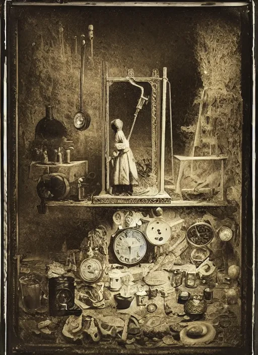 Image similar to old wetplate daguerreotype birth of the invention of time and past, fractal, intricate, elegant, highly detailed, parallax, leica, medium format, subsurface scattering, by jheronimus bosch and greg rutkowski and louis jacques mande daguerre
