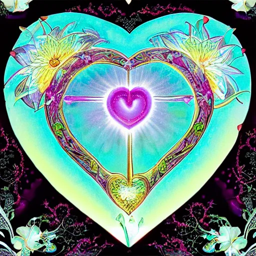 Prompt: heart fantasy flower ornemant glowing illumination chakra center