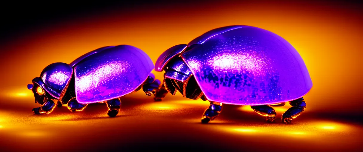 Image similar to hyperrealistic glowing cyborg scarab! jeweled gorgeous! highly detailed concept art david ligare peter zumthor dramatic purple neon lighting high quality low angle hd 8k sharp shallow depth of field