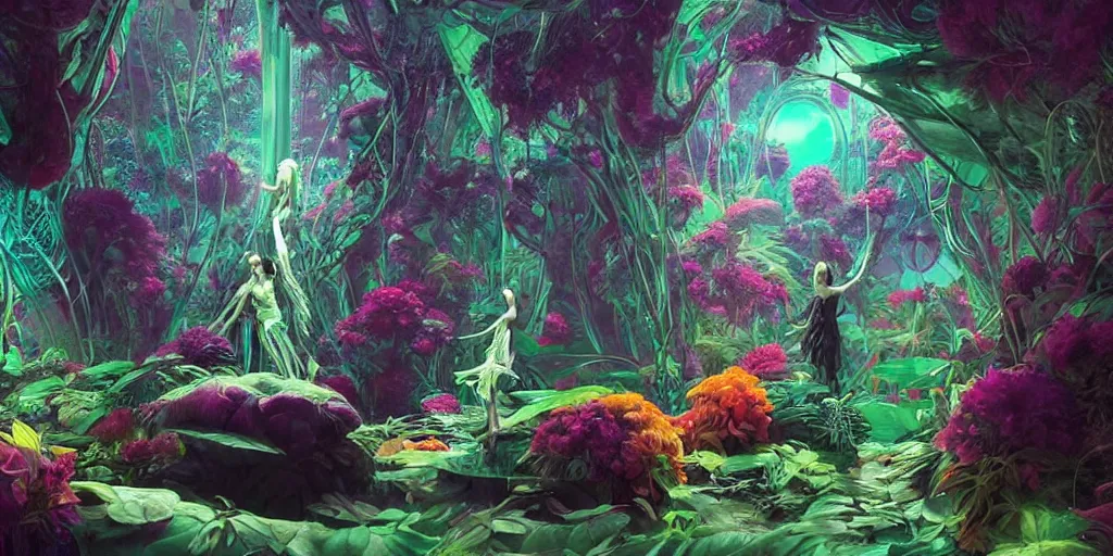 Prompt: Beautiful futuristic crystal sculpture in jungle with big wild flowers, figures, soft neon lights, bright colors, cinematic, cyberpunk, smooth, chrome, dramatic, fantasy, by Moebius, by Zdzisław Beksiński, high contrast, epic composition, sci-fi, dreamlike, surreal, angelic, 8k, unreal engine, hyper realistic, fantasy concept art, XF IQ4, 150MP, 50mm, F1.4, ISO 200, 1/160s, natural light, Adobe Lightroom, photolab, Affinity Photo, PhotoDirector 365