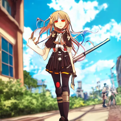 Image similar to anime girl marching on a pavement road with a flag and steampunk weapons and armor, finely detailed, beautiful, serious, cinematic lighting, golden hour, buildings, long brown hair, brown eyes, reflective, sharp focus, anime,