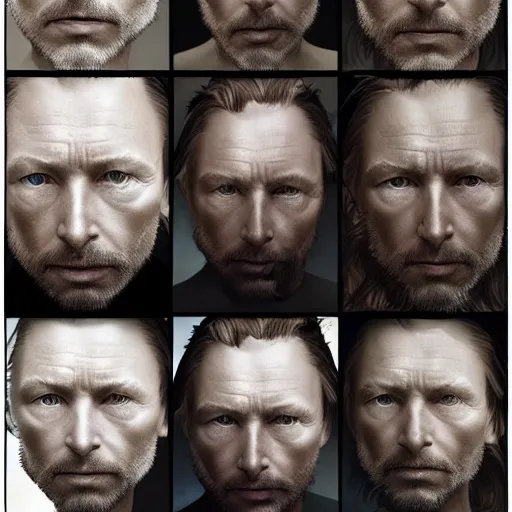 Prompt: collages, hyper realistic, many variations portrait of very old thom yorke, face variations, singer songwriter, ( side ) profile, liminal space, by lee bermejo, alphonse mucha and greg rutkowski, greybeard, smooth face, cheekbones, various versions