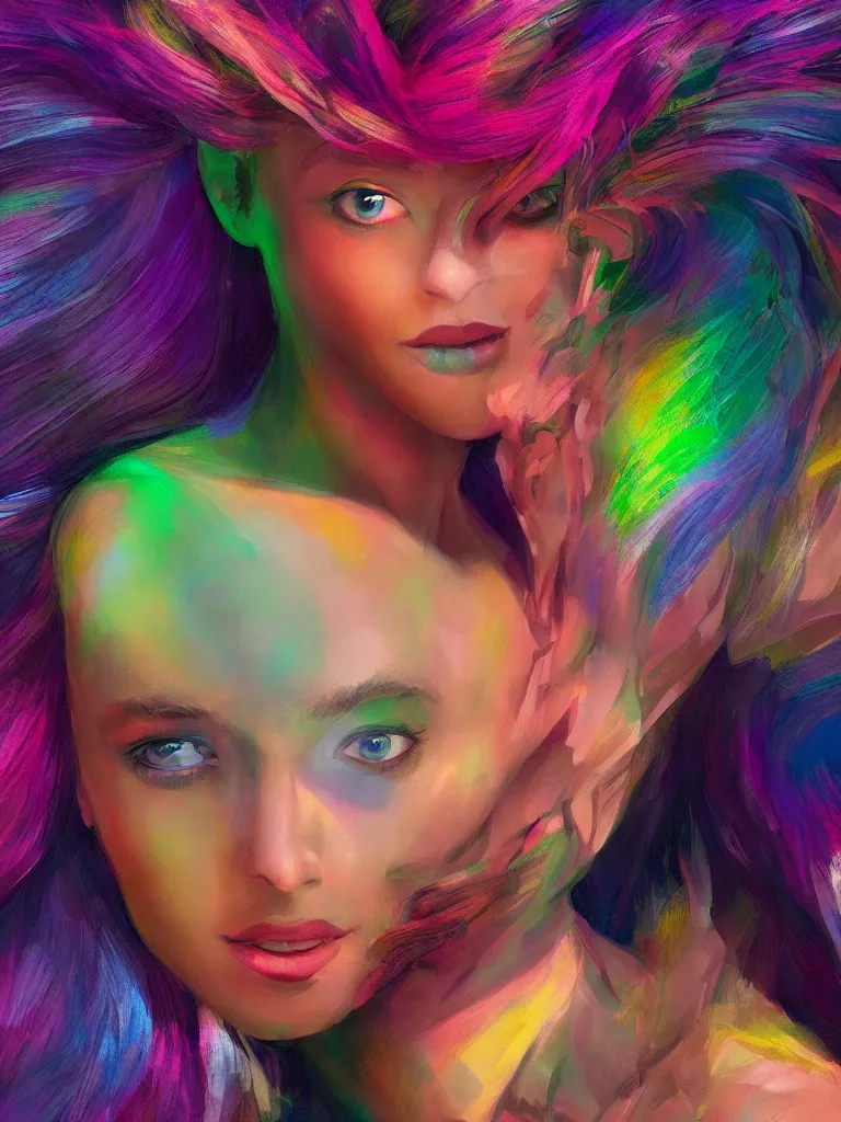 Prompt: close up portrait of beautiful rainbow woman by disney concept artists, blunt borders, rule of thirds