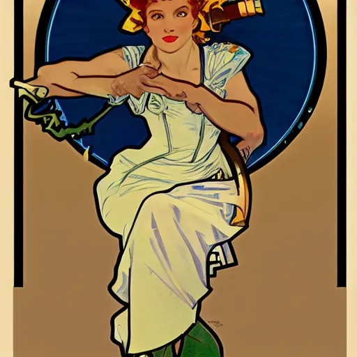 Image similar to a portrait of Rosie the riveter by Alphonse Mucha, art nouveau card, concept art, wlop, trending on artstation, 8k