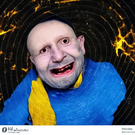 Image similar to last selfie of last alive of frightened funny damaged to bones ukrainian in dirty yellow and blue rags that trying to escape from a huge nuclear explosion at background