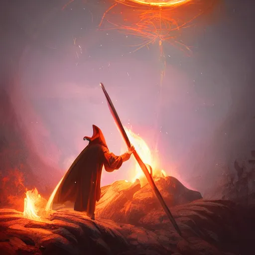 Prompt: A wizard casting a spell, fire and water swirling around him, magical, medieval, fantasy, concept art, illustration, 4k, by Filip Hodas